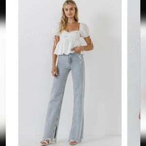 English Factory Tied Strap White Puff Sleeve Peplum Top